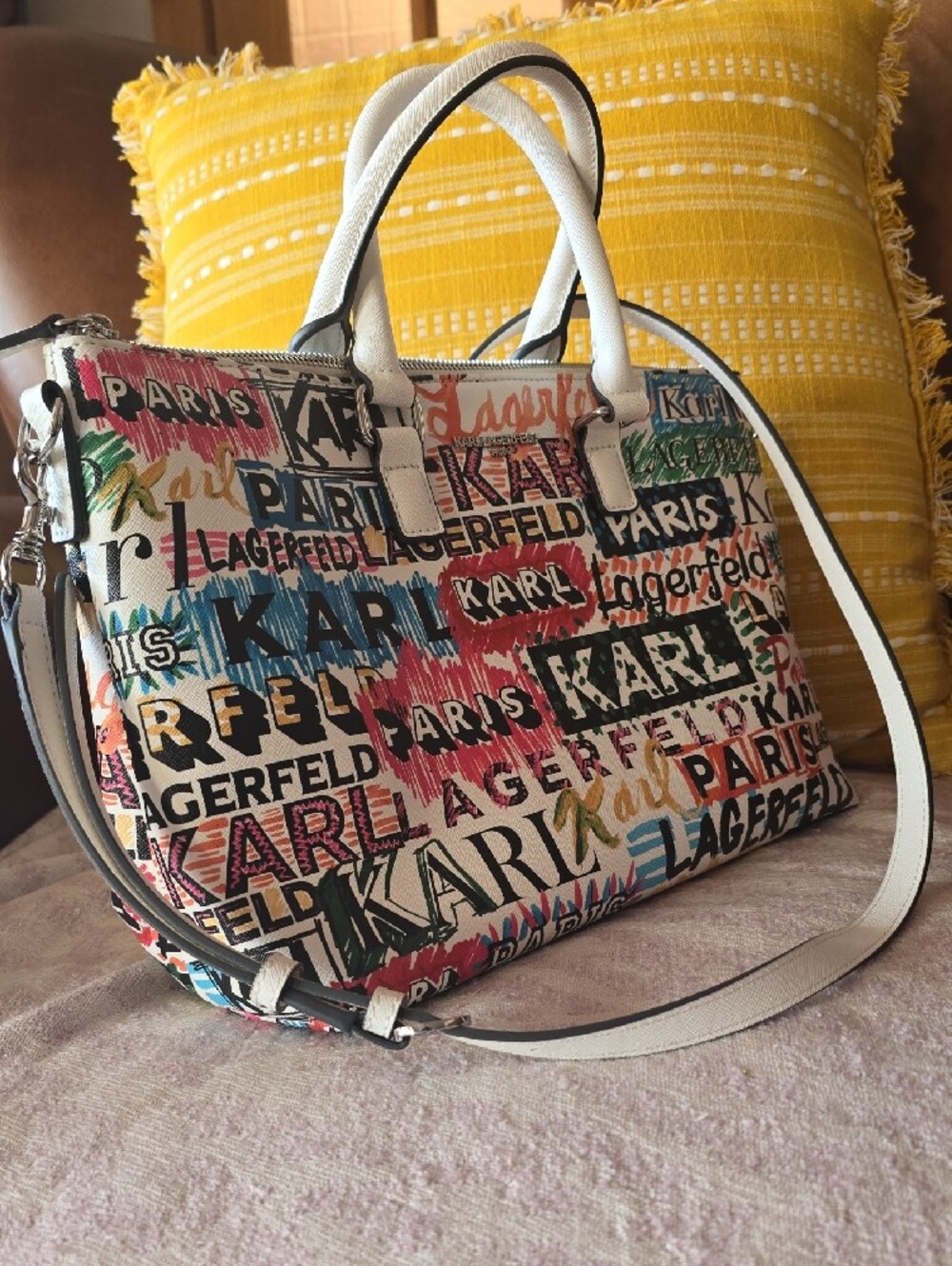 NWOT Karl Lagerfeld Paris Multicolor Satchel with White Handles - Picture 2 of 4